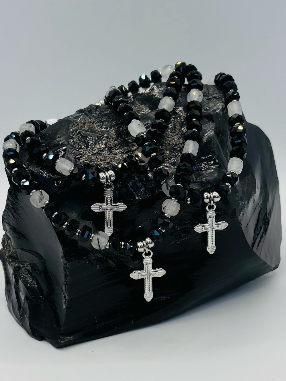 *ANKLET* S.Steel Silver Cross & Black Glass Quartz Stretchy Anklet